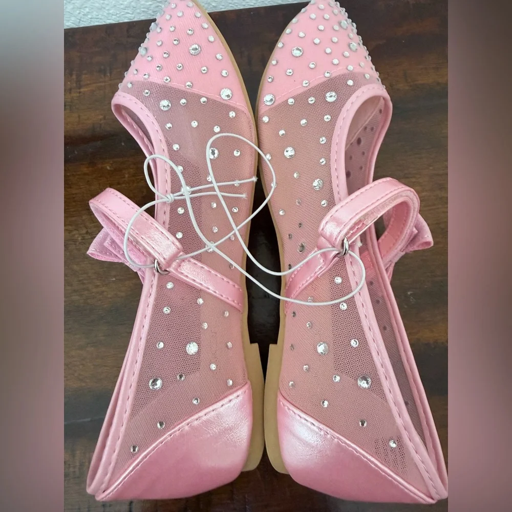 Sugar  Flats Shoes Big Girl Size 3M – Pink with Sparkly Rhinestones & Bow  New